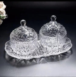 Crystal Glass Candy Round Shape jar Serving Bowl with Tray -Set of 3 Piece