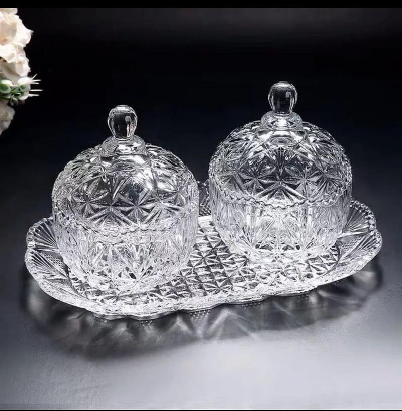 Crystal Glass Candy Round Shape jar Serving Bowl with Tray -Set of 3 Piece