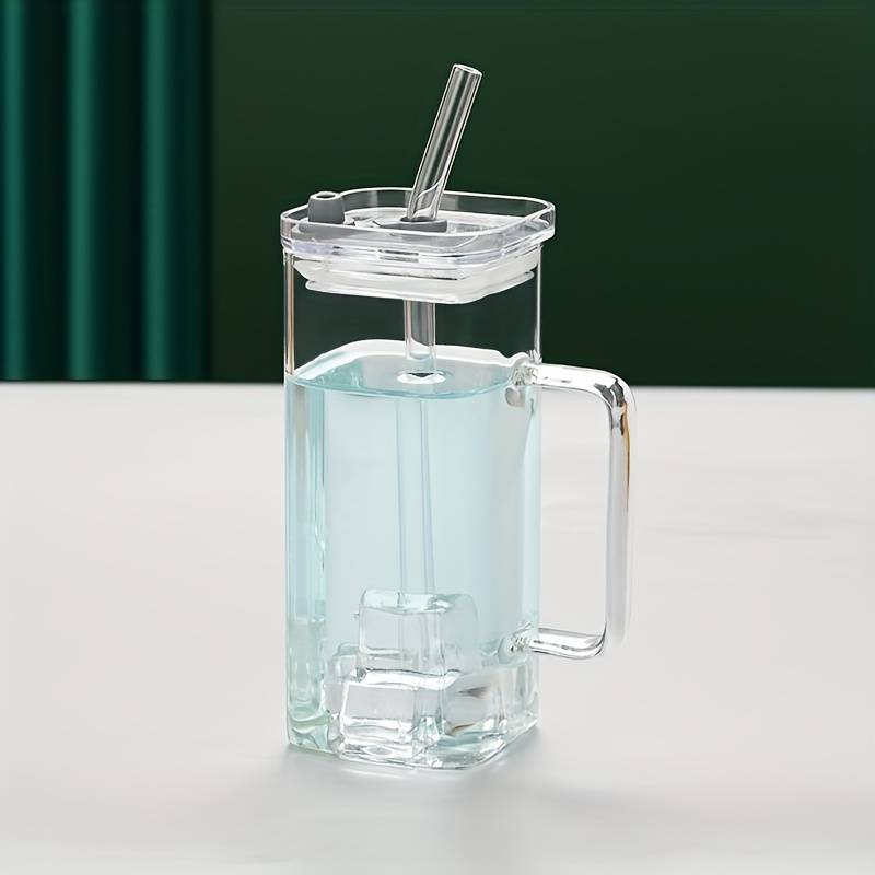 Square Printed Glass Cups with Lids and Straws with Colored - 400ML (Pack Of 4)