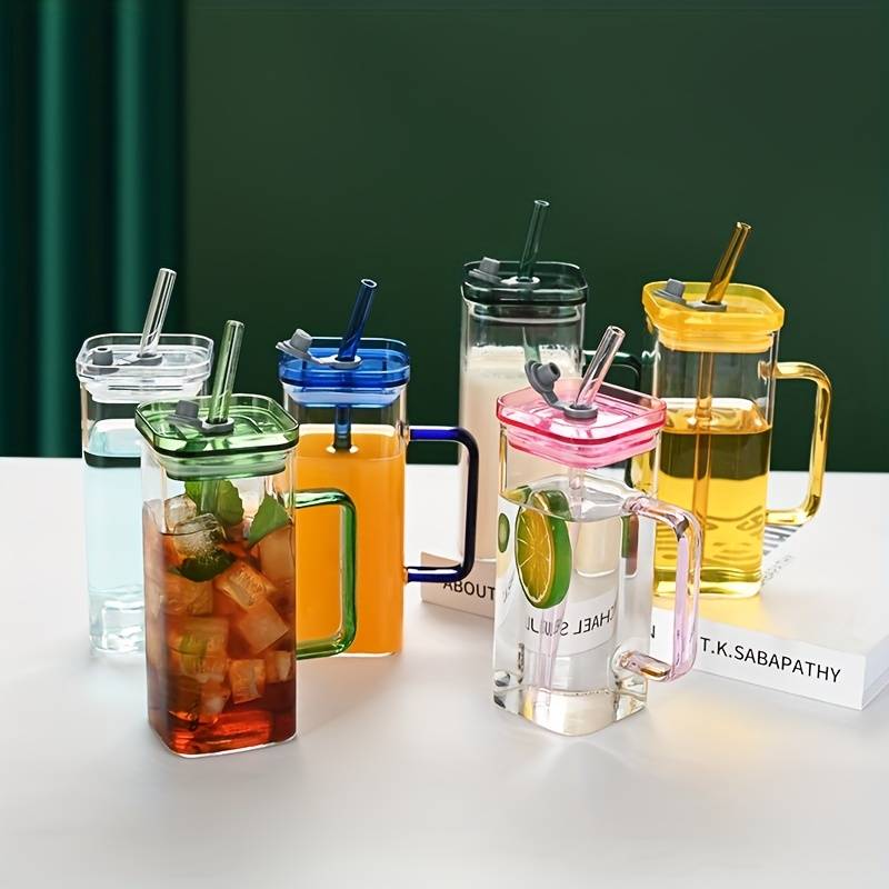 Square Printed Glass Cups with Lids and Straws with Colored - 400ML (Pack Of 4)
