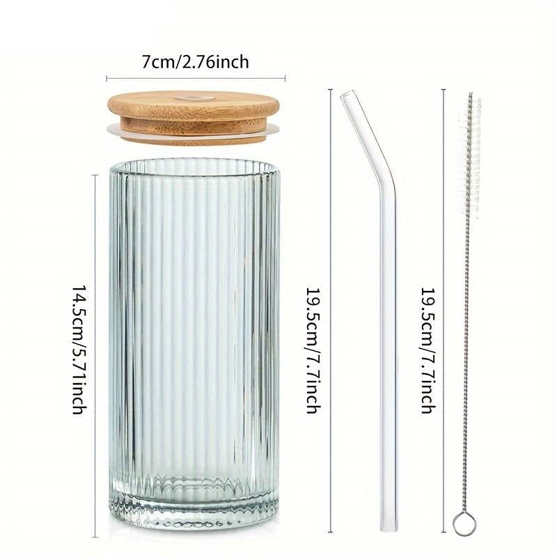 Vertical Stripe Glass Tumbler with Straw and Lid - Pack of 02 (500ML)