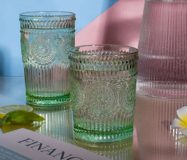 Embossed Vintage Drinking Glass - 340ML (Pack Of 6)