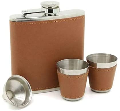 Leather Stainless Steel Hip Flask with 4 Shot Glasses - 230 ML