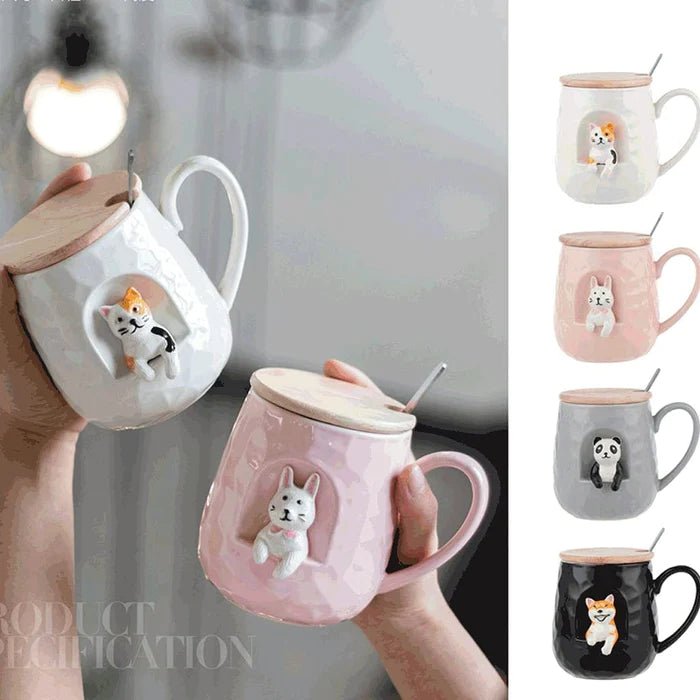 3D Animal Coffee Mug with Wooden Lid & Spoon-Pack of 1-Multi Design - Skyborn