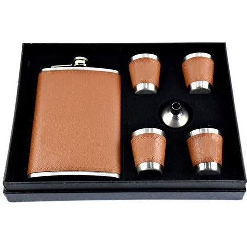 Leather Stainless Steel Hip Flask with 4 Shot Glasses - 230 ML