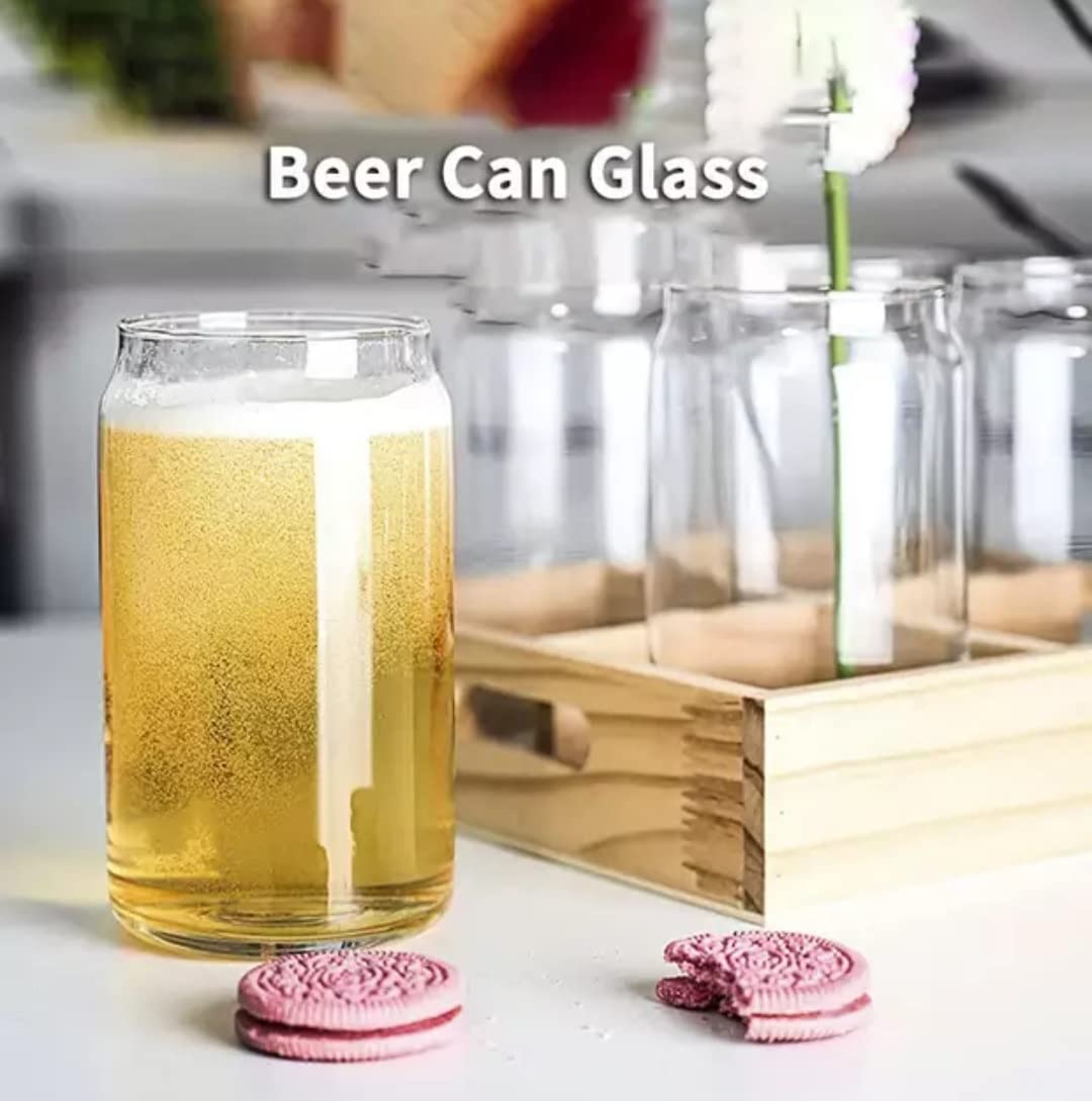 Can Glasses with Bamboo Lids and Glass Straws - 510ML (Pack Of 6)