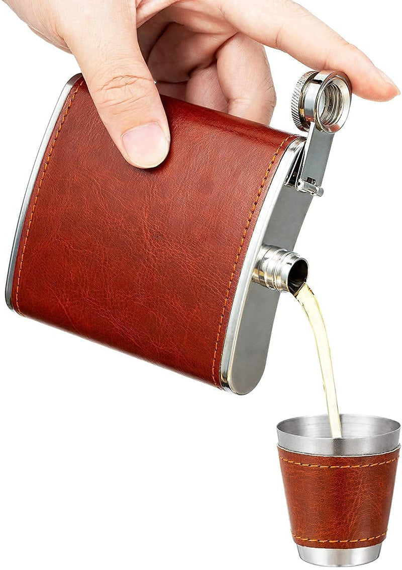 Leather Stainless Steel Hip Flask with 4 Shot Glasses - 230 ML