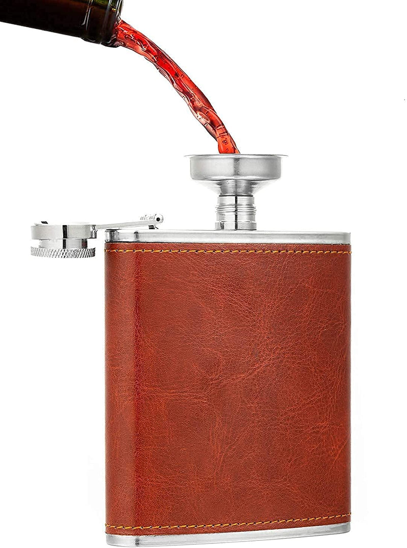 Leather Stainless Steel Hip Flask with 4 Shot Glasses - 230 ML