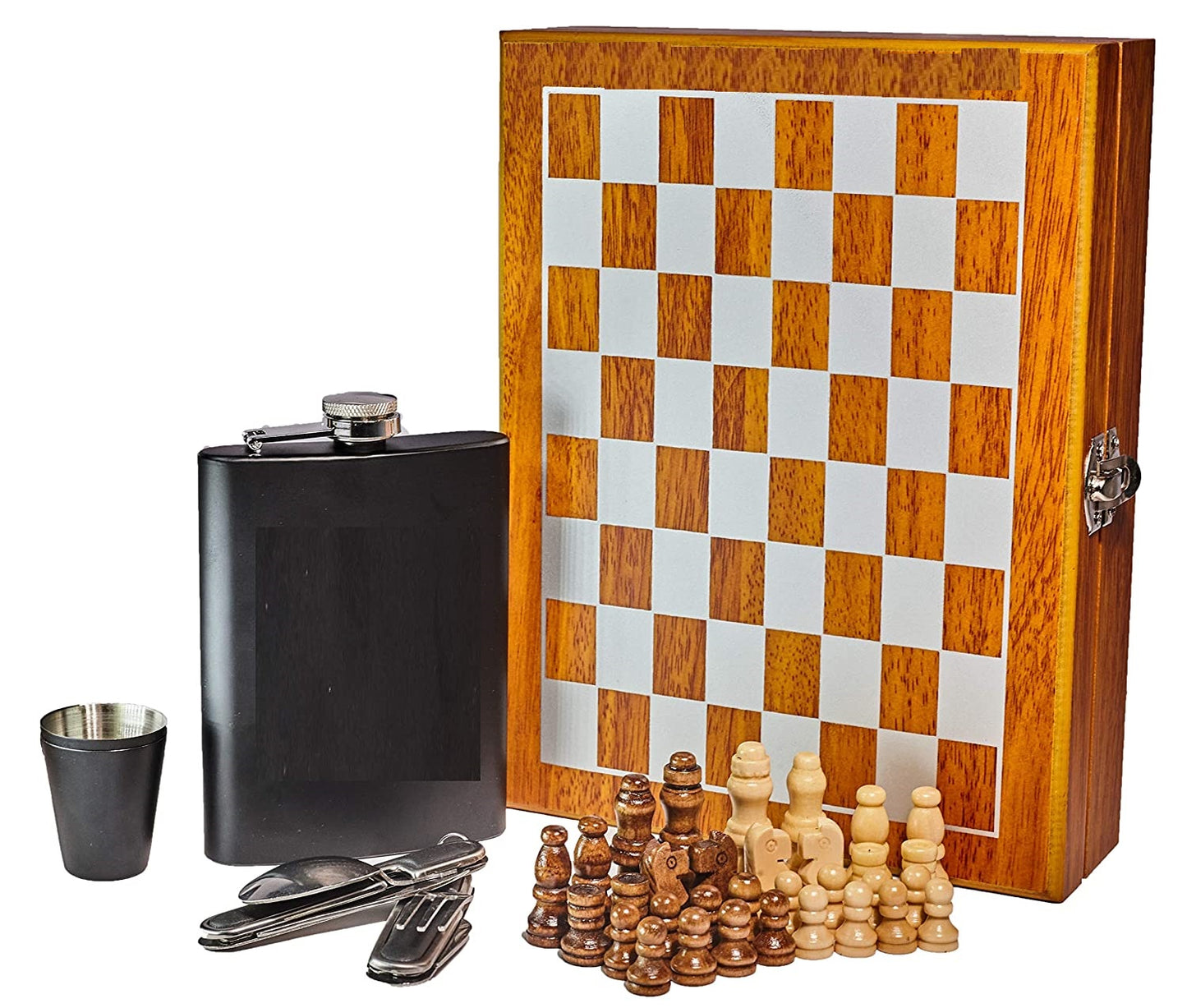 Leather Hip Flask 18 Oz (235 ml) with Chess Board Set