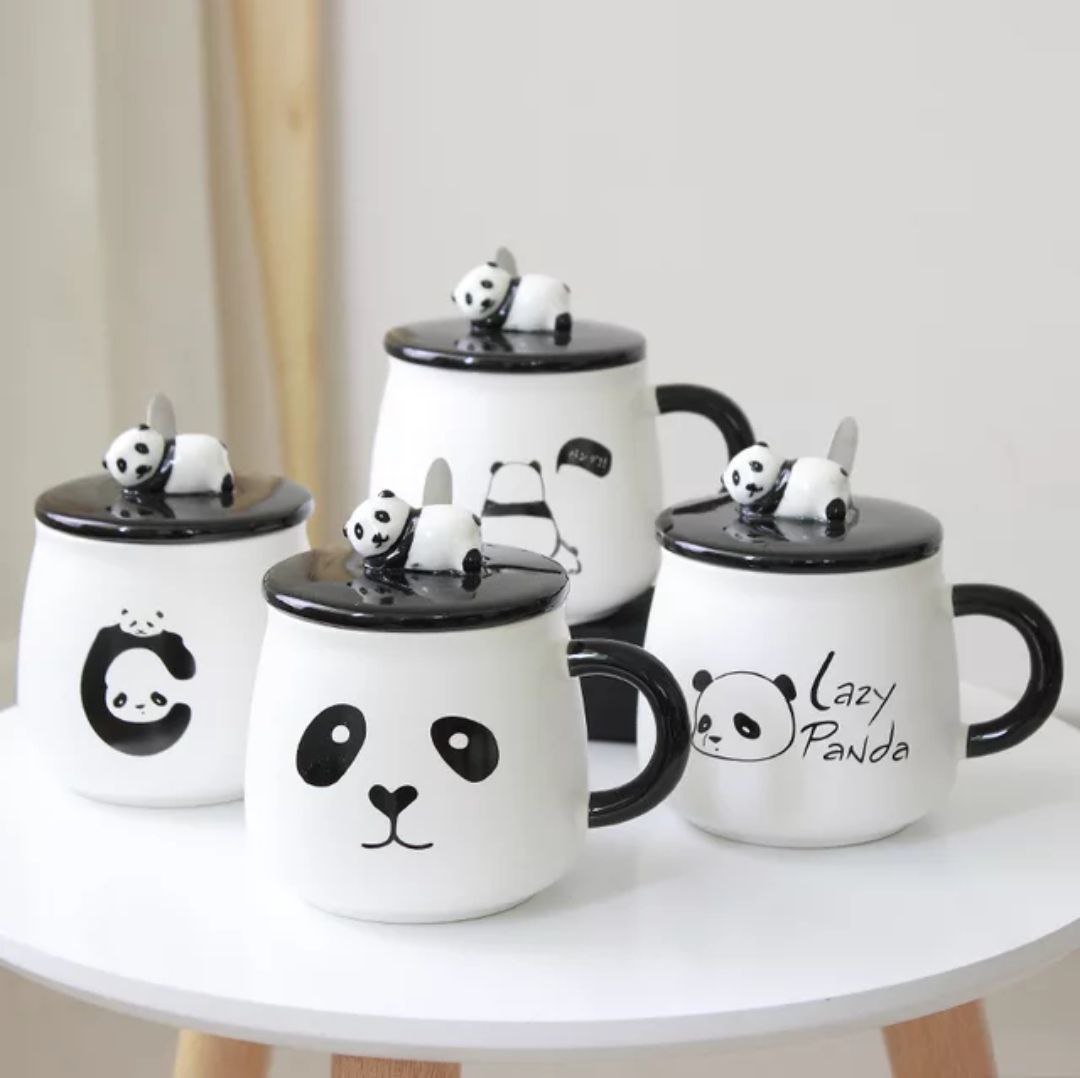Ceramic Panda Printed Coffee Mug with Lid and Spoon -(300 ml) (1Pcs)