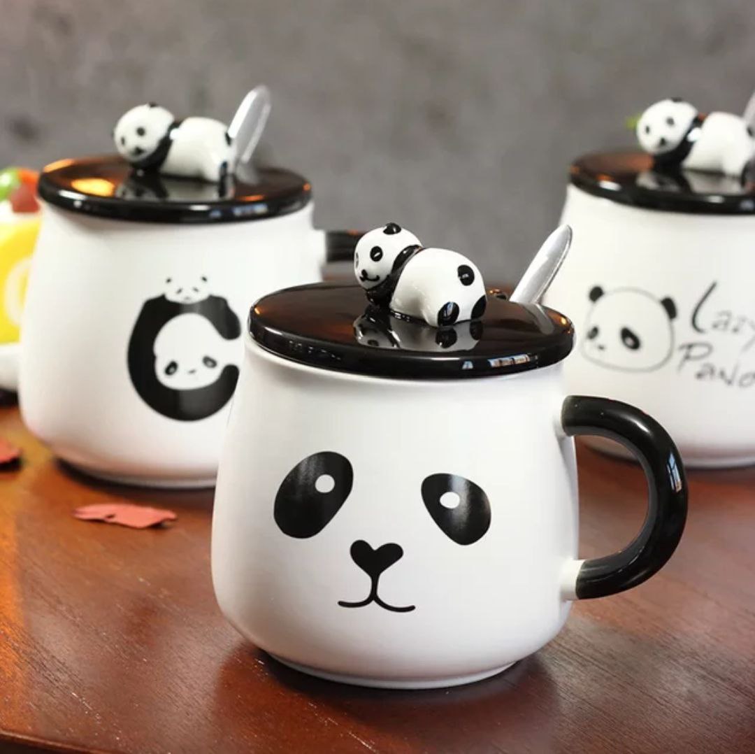 Ceramic Panda Printed Coffee Mug with Lid and Spoon -(300 ml) (1Pcs)