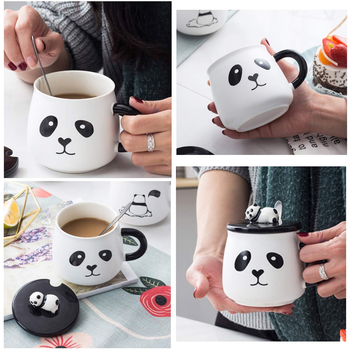 Ceramic Panda Printed Coffee Mug with Lid and Spoon -(300 ml) (1Pcs)