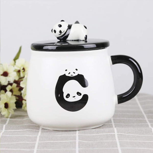 Ceramic Panda Printed Mug with Lid and Spoon  (Pack of 1) 300 ML
