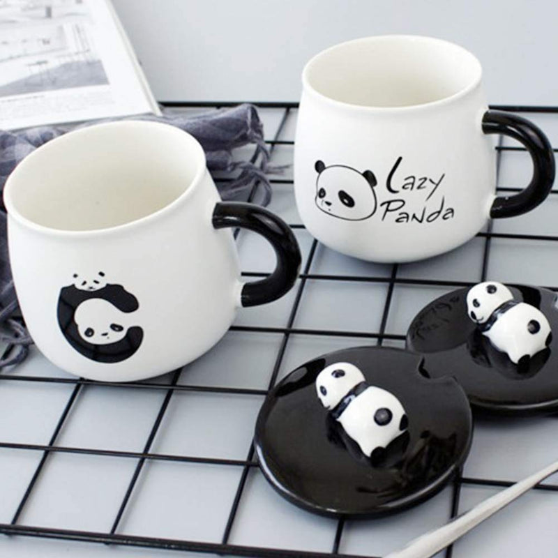 Ceramic Panda Printed Mug with Lid and Spoon  (Pack of 1) 300 ML
