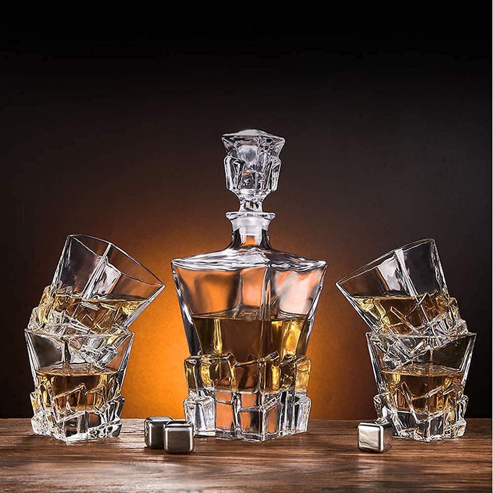 Clear Crystal Iceberg Design Whiskey Decanter with 6 Glass Set (PACK OF 7)