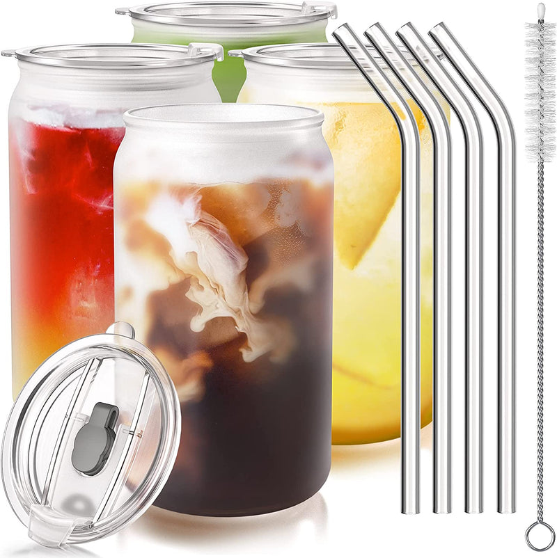 Can Glasses with Bamboo Lids and Glass Straws - 510ML (Pack Of 6)