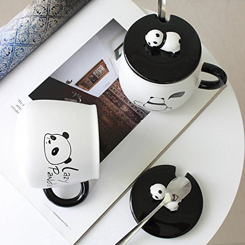 Ceramic Lazy Panda Printed Coffee Mug Lid & Spoon -300 ML (Pack Of 1)