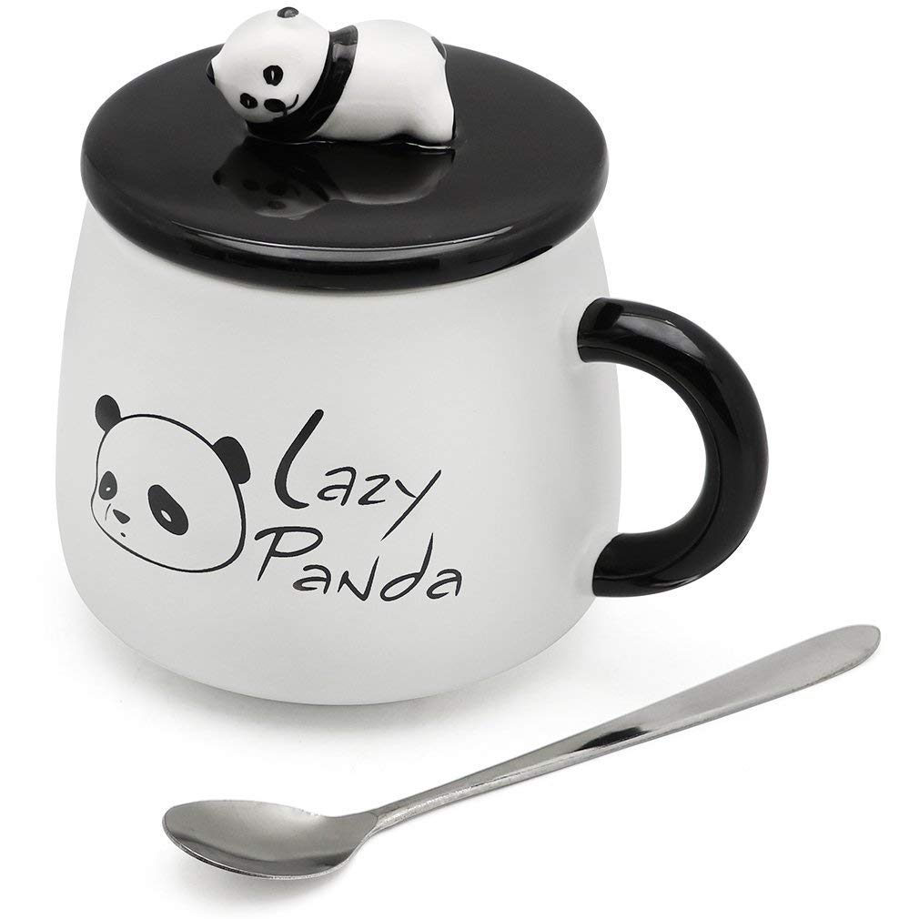 Ceramic Lazy Panda Printed Coffee Mug Lid & Spoon -300 ML (Pack Of 1)