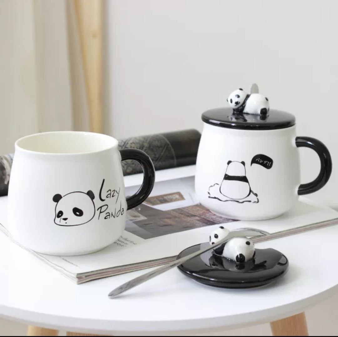 Ceramic Lazy Panda Printed Coffee Mug Lid & Spoon -300 ML (Pack Of 1)