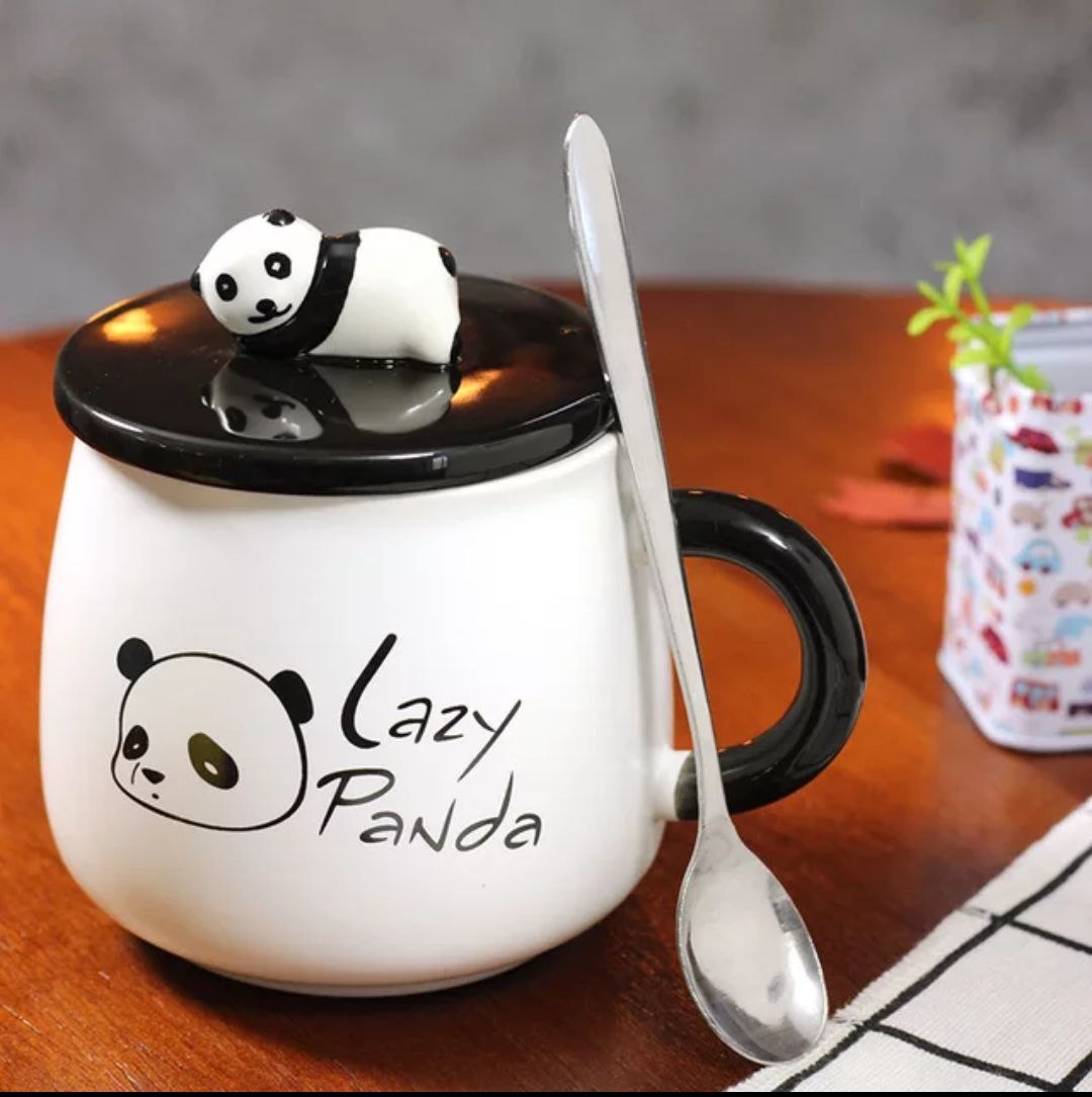 Ceramic Lazy Panda Printed Coffee Mug Lid & Spoon -300 ML (Pack Of 1)
