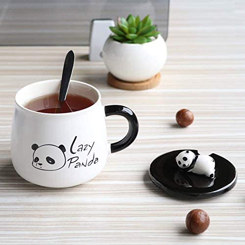 Ceramic Lazy Panda Printed Coffee Mug Lid & Spoon -300 ML (Pack Of 1)