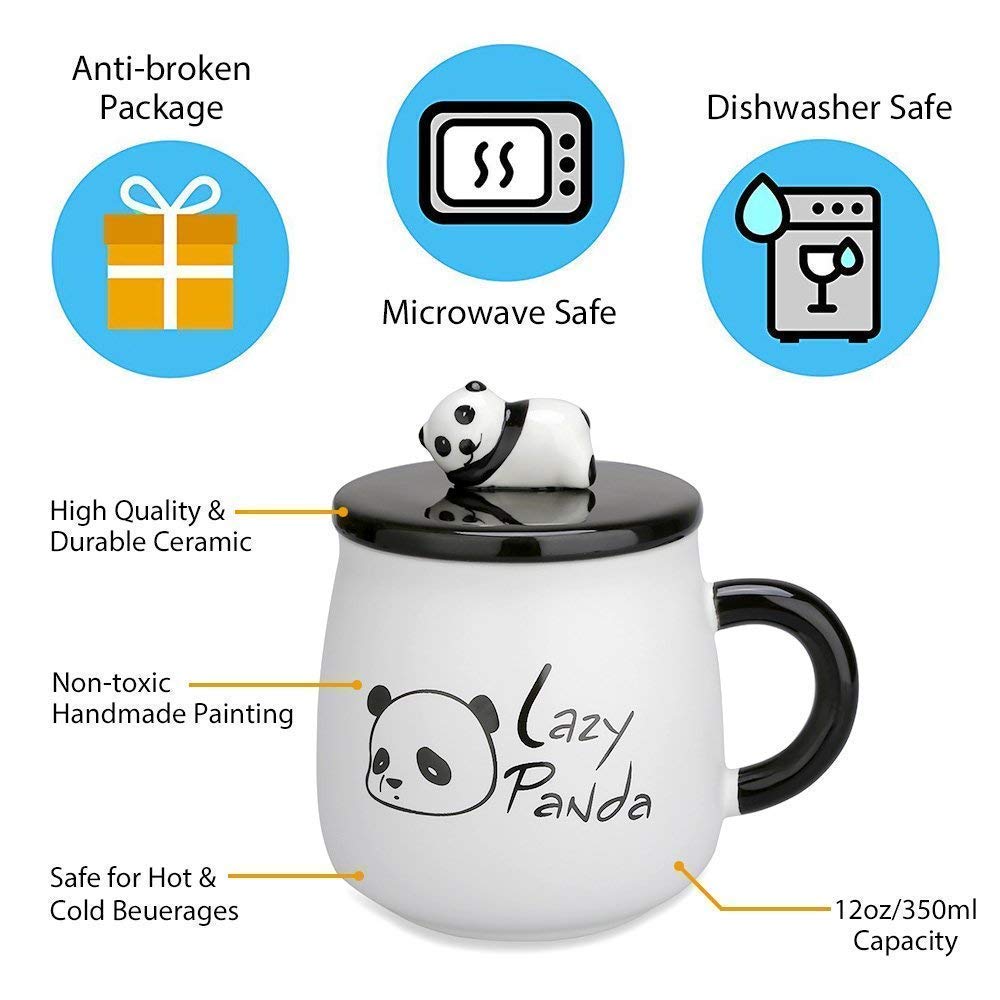 Ceramic Lazy Panda Printed Coffee Mug Lid & Spoon -300 ML (Pack Of 1)