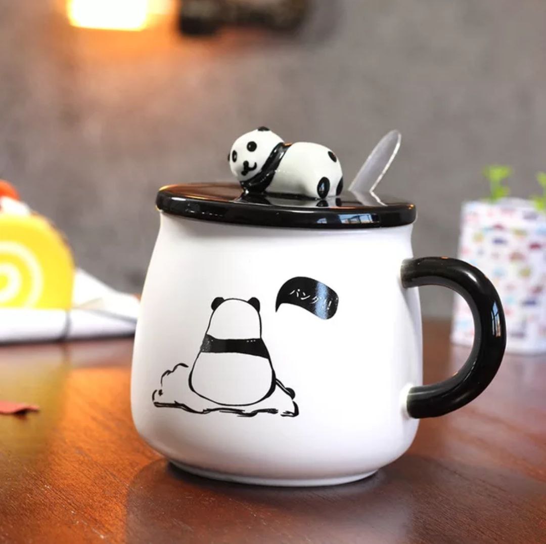 Ceramic Panda Printed Coffee Mug with Lid & Spoon - 300 ml (Pack Of 1)