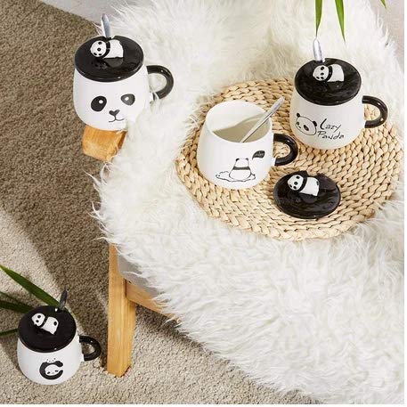 Ceramic Panda Printed Coffee Mug with Lid & Spoon - 300 ml