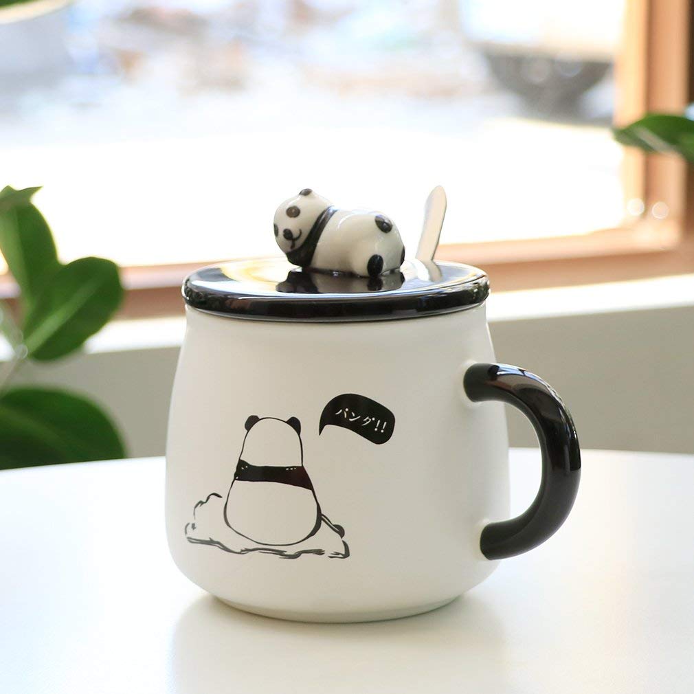 Ceramic Panda Printed Coffee Mug with Lid & Spoon - 300 ml (Pack Of 1)