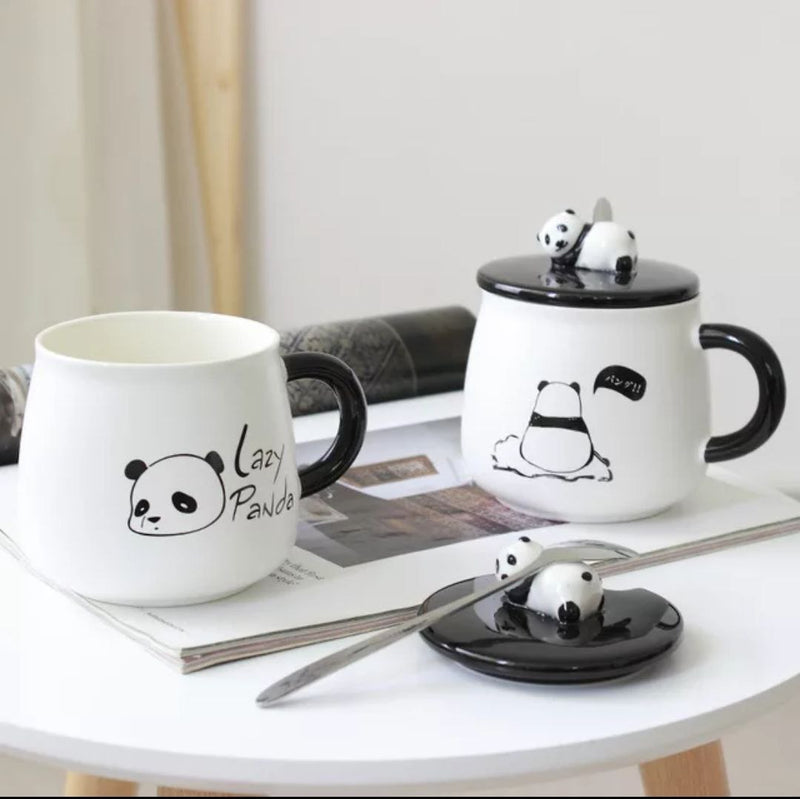 Ceramic Panda Printed Coffee Mug with Lid & Spoon - 300 ml (Pack Of 1)