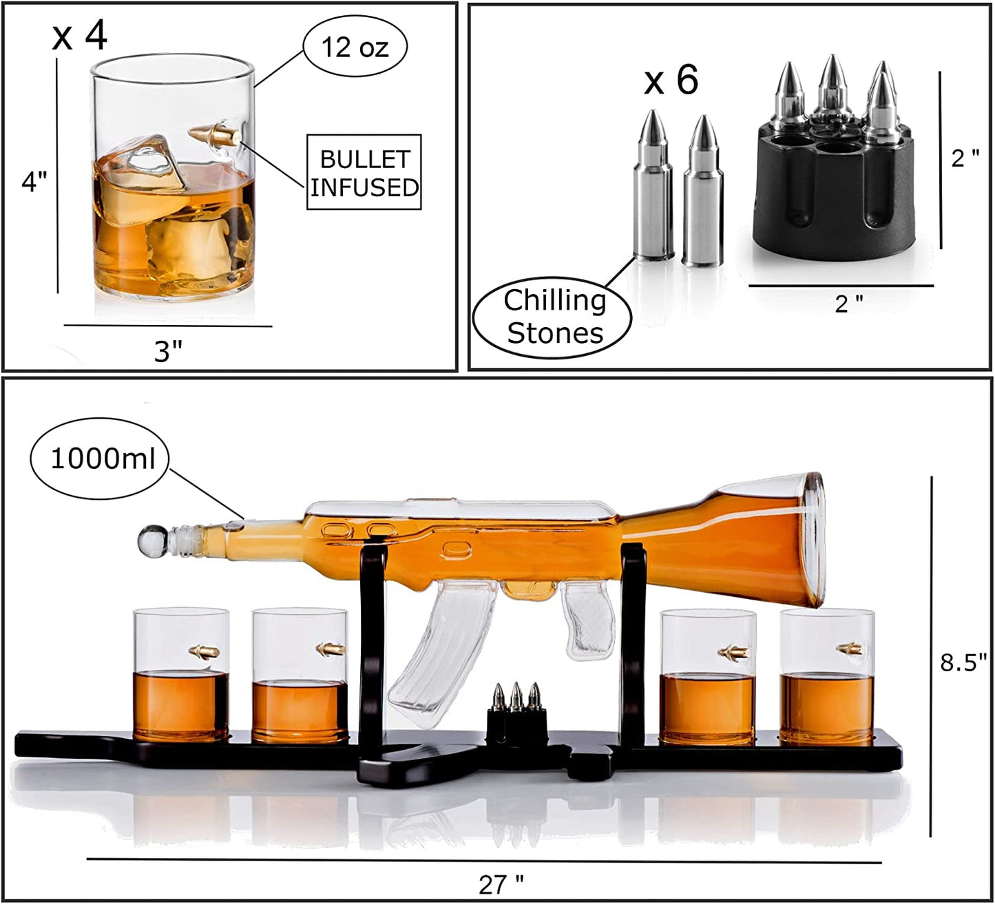 Gun With Bullets Whiskey  Large Decanter Set With 4 Bullet Whiskey Glasses - 1000ML