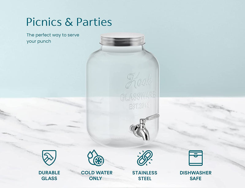 Jar Glass Drink & Beverage Dispenser with Stainless Steel Spigot Lid (4 Litter)