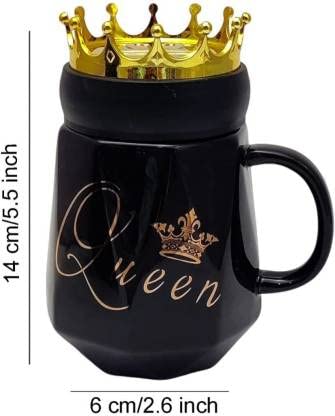 King & Queen with Crowned Shape lid Theme Stylish Black/Golden Ceramic Coffee Mug (Set Of 2) 300 ML