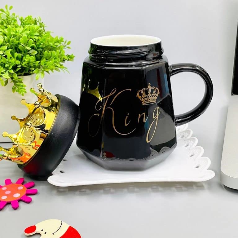 King & Queen with Crowned Shape lid Theme Stylish Black/Golden Ceramic Coffee Mug (Set Of 2) 300 ML
