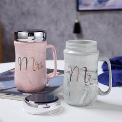 MR. & MRS. Printed Ceramic Mugs with Mirror Lid  (Set Of 2) 300 ML