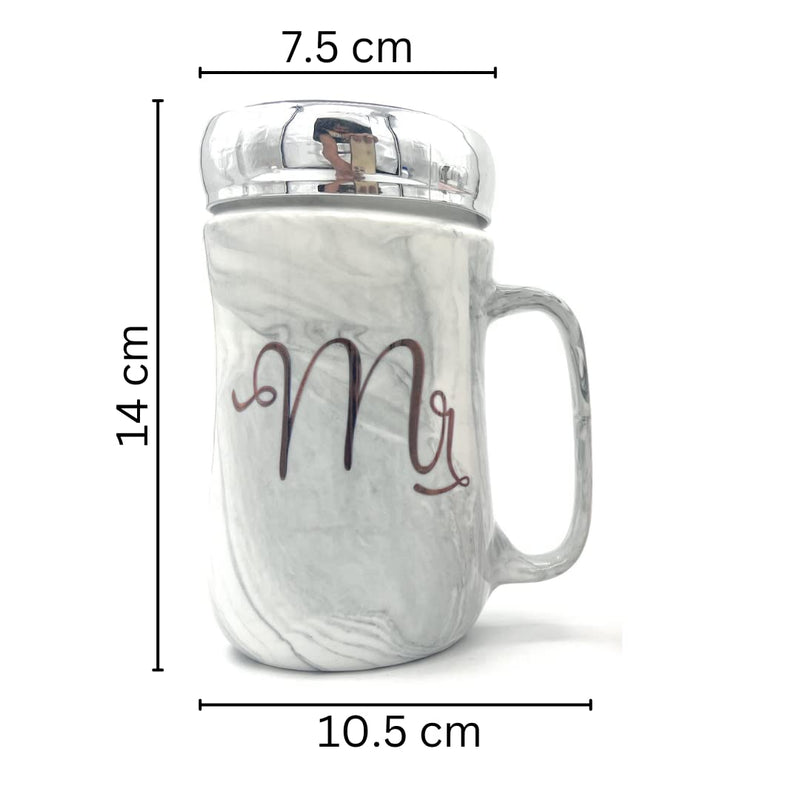 MR. & MRS. Printed Ceramic Mugs with Mirror Lid  (Set Of 2) 300 ML
