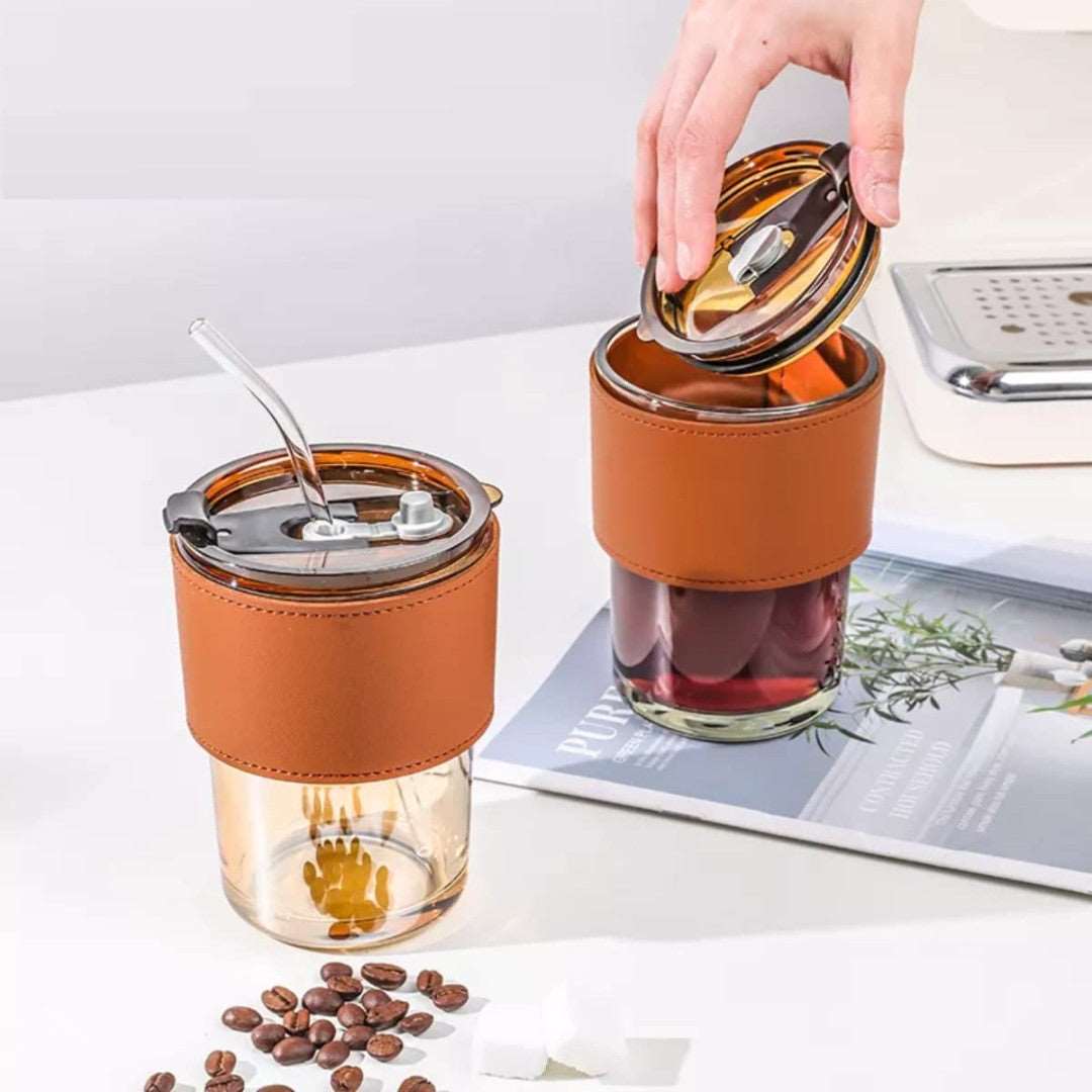 LEATHER MUG BROWN 400ML STRAW