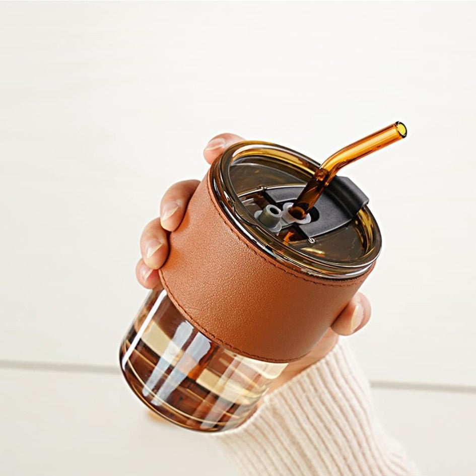 LEATHER MUG BROWN 400ML STRAW (1 Pcs)