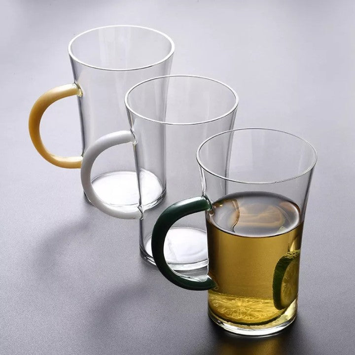 TRANSPARENT GLASS GOLDEN HANDLE MUG - 300ML (Pack Of 6)