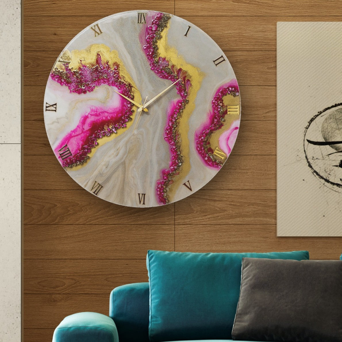 Pink Curves Marble Finish Resin Clock