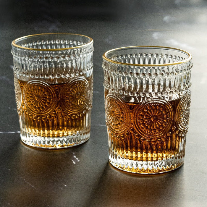 Small Vintage Embossed Gold Rimmed Glass - 250ML(Pack Of 6)