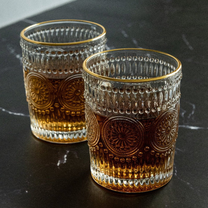 Small Vintage Embossed Gold Rimmed Glass - 250ML(Pack Of 6)