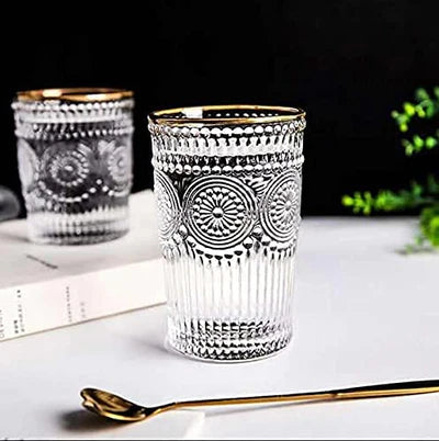 Small Vintage Embossed Gold Rimmed Glass - 250ML(Pack Of 6)