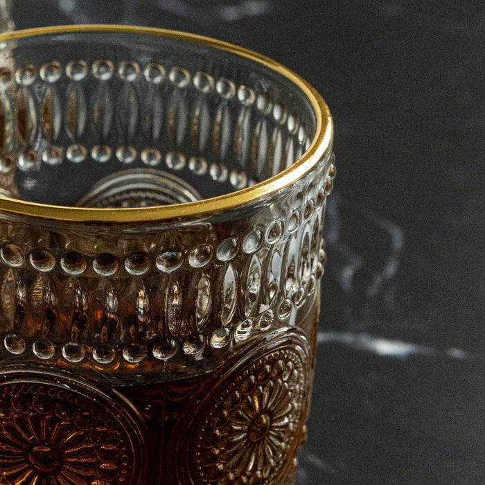 Small Vintage Embossed Gold Rimmed Glass - 250ML(Pack Of 6)