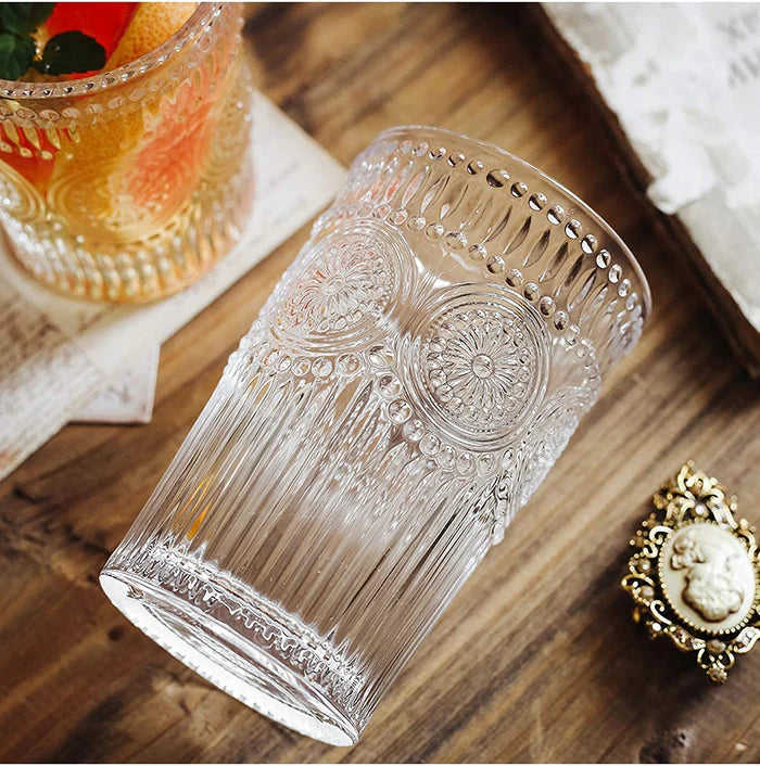 Small Vintage Embossed Gold Rimmed Glass - 250ML(Pack Of 6)