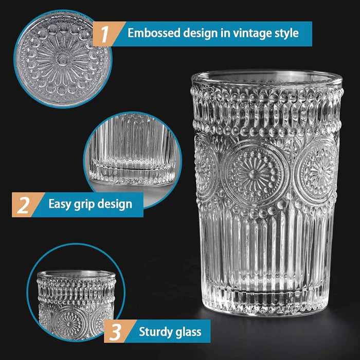 Small Vintage Embossed Gold Rimmed Glass - 250ML(Pack Of 6)