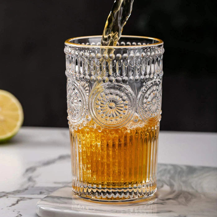 Small Vintage Embossed Gold Rimmed Glass - 250ML(Pack Of 6)
