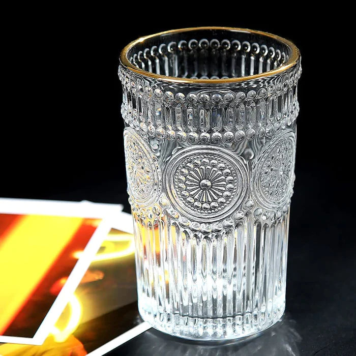 Small Vintage Embossed Gold Rimmed Glass - 250ML(Pack Of 6)