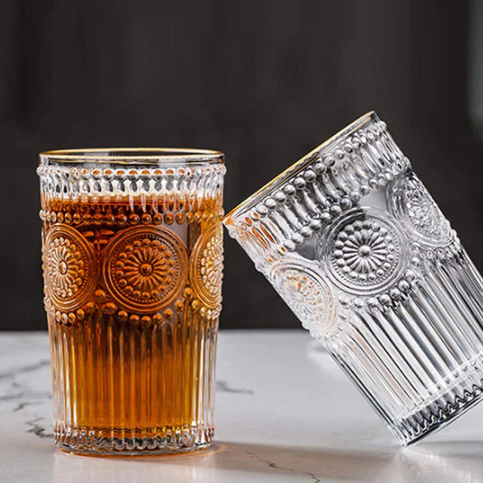 Small Vintage Embossed Gold Rimmed Glass - 250ML(Pack Of 6)