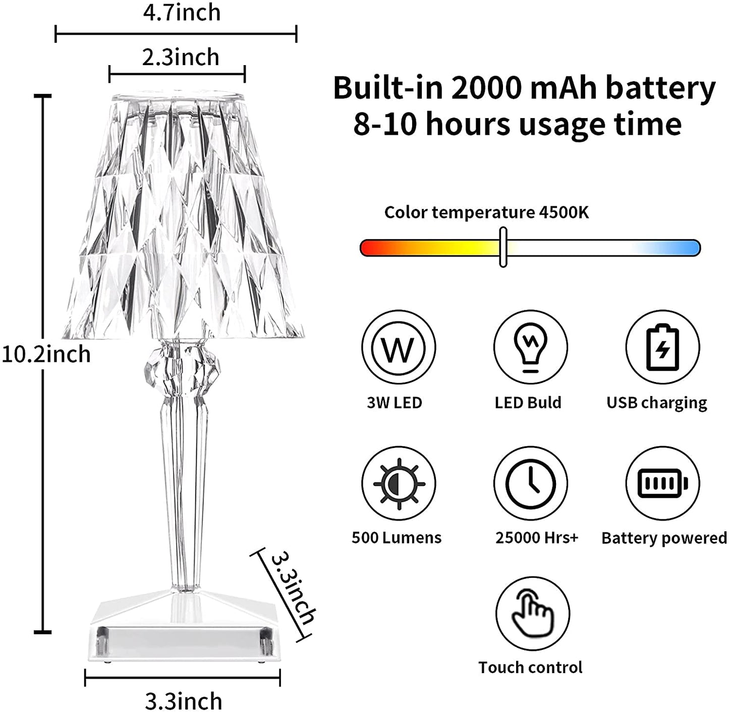 Acrylic Diamond Crystal LED Lamp, Portable Touch Control Lamp - Skyborn